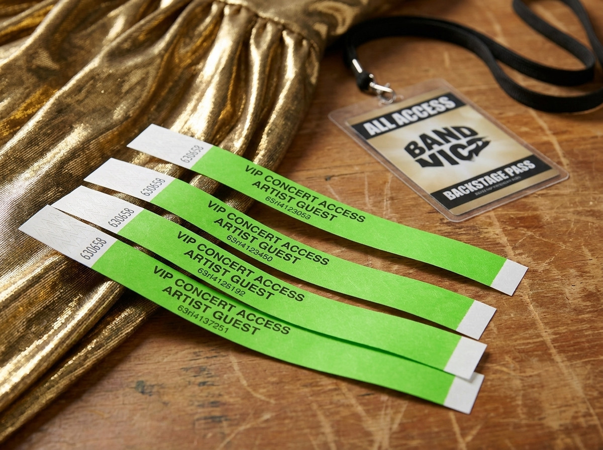 Henkilökohtaiset VIP-konserttirannekeet backstage-pöydällä kultaisella lameella ja artistipassilla