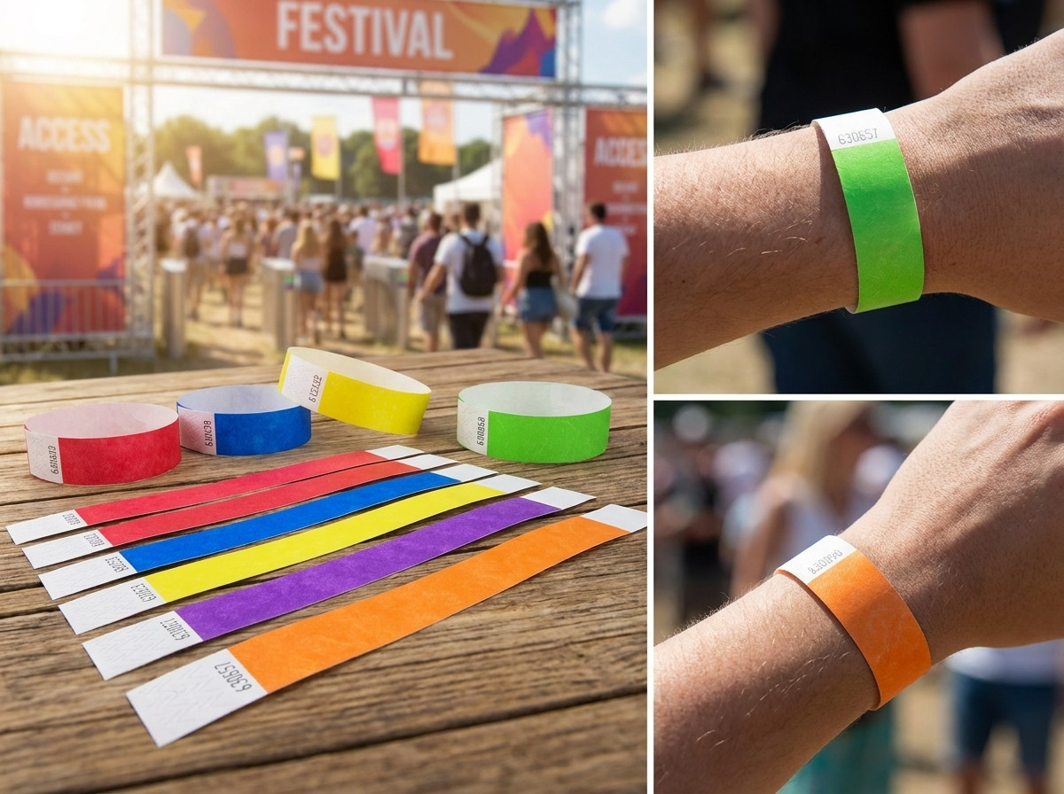 Eri väriset pääsynvalvontarannekeet VIP- ja rajoitetuille alueille festivaalilla
