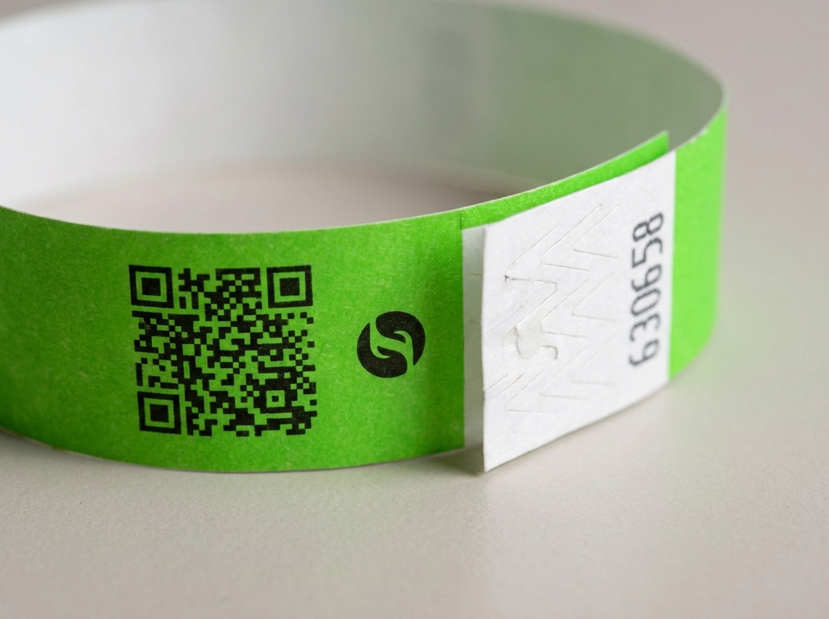 Lähikuva tunnistusrannekkeesta jossa teräväpiirtopainettu QR-koodi ja logo