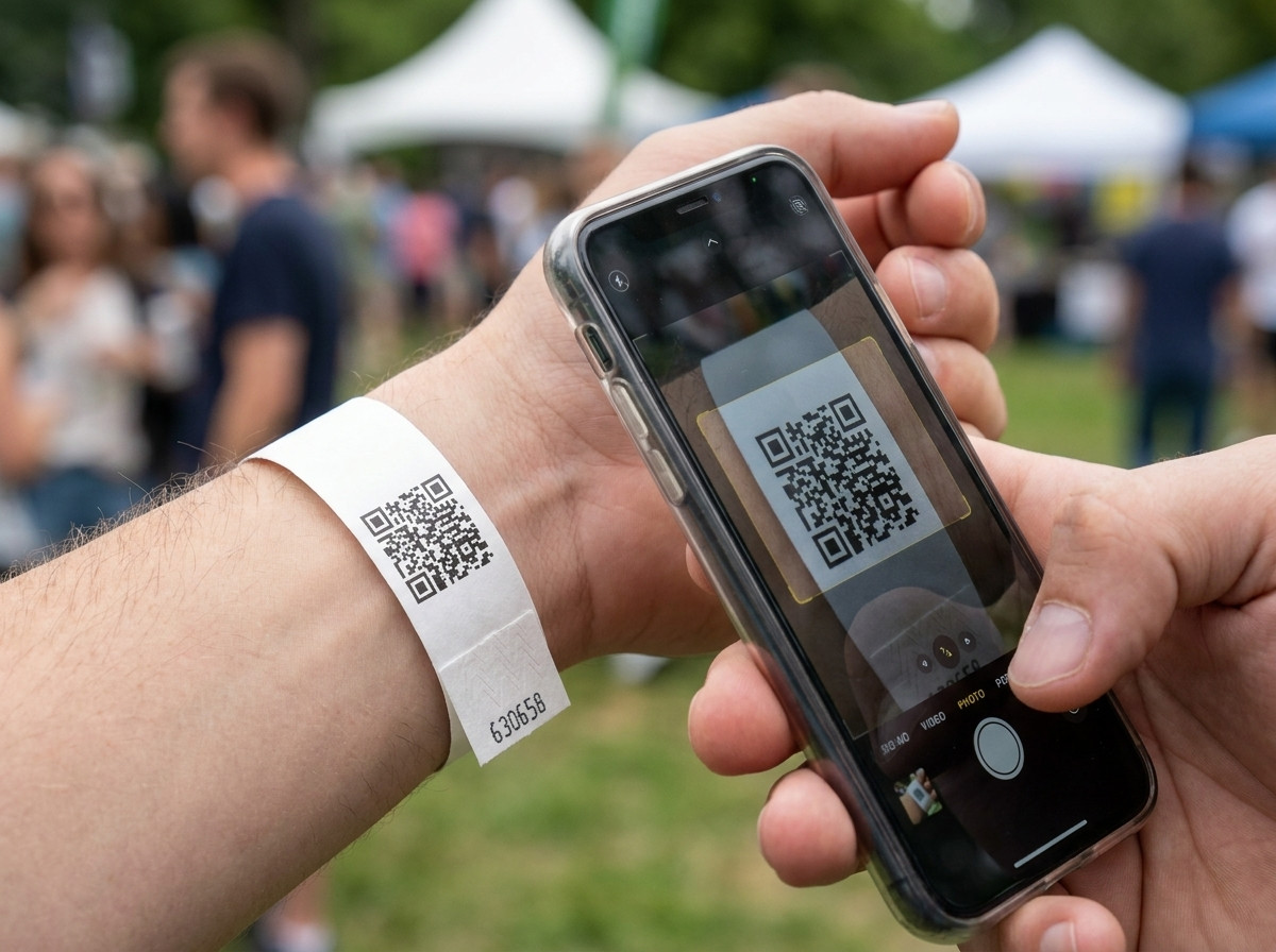 Lähikuva valkoisesta Tyvek-rannekkesta, jossa on mustavalkoisena painettu QR-koodi, skannattuna älypuhelimella kulunvalvonnassa festivaalin sisäänkäynnillä