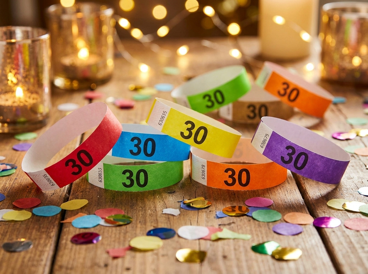 Numerolla 30 personoidut värilliset Tyvek-rannekket syntymäpäiväjuhliin, aseteltuna konfettein koristellulle pöydälle